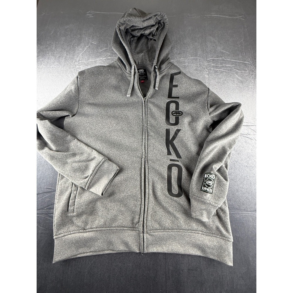 Ecko Unltd Full Zip Hoodie Mens XL Gray Logo Hooded Sweatshirt Streewear Y2K